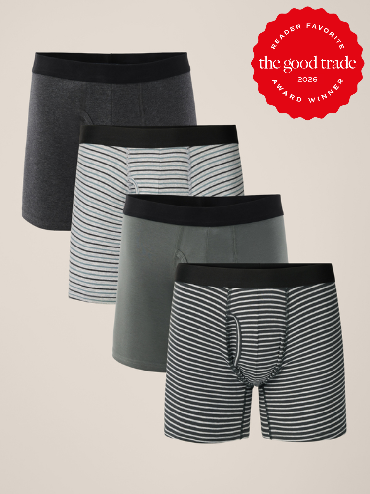 Four pairs of men's boxer briefs in various colors and patterns are displayed next to a "The Good Trade Award Winner 2026" badge.