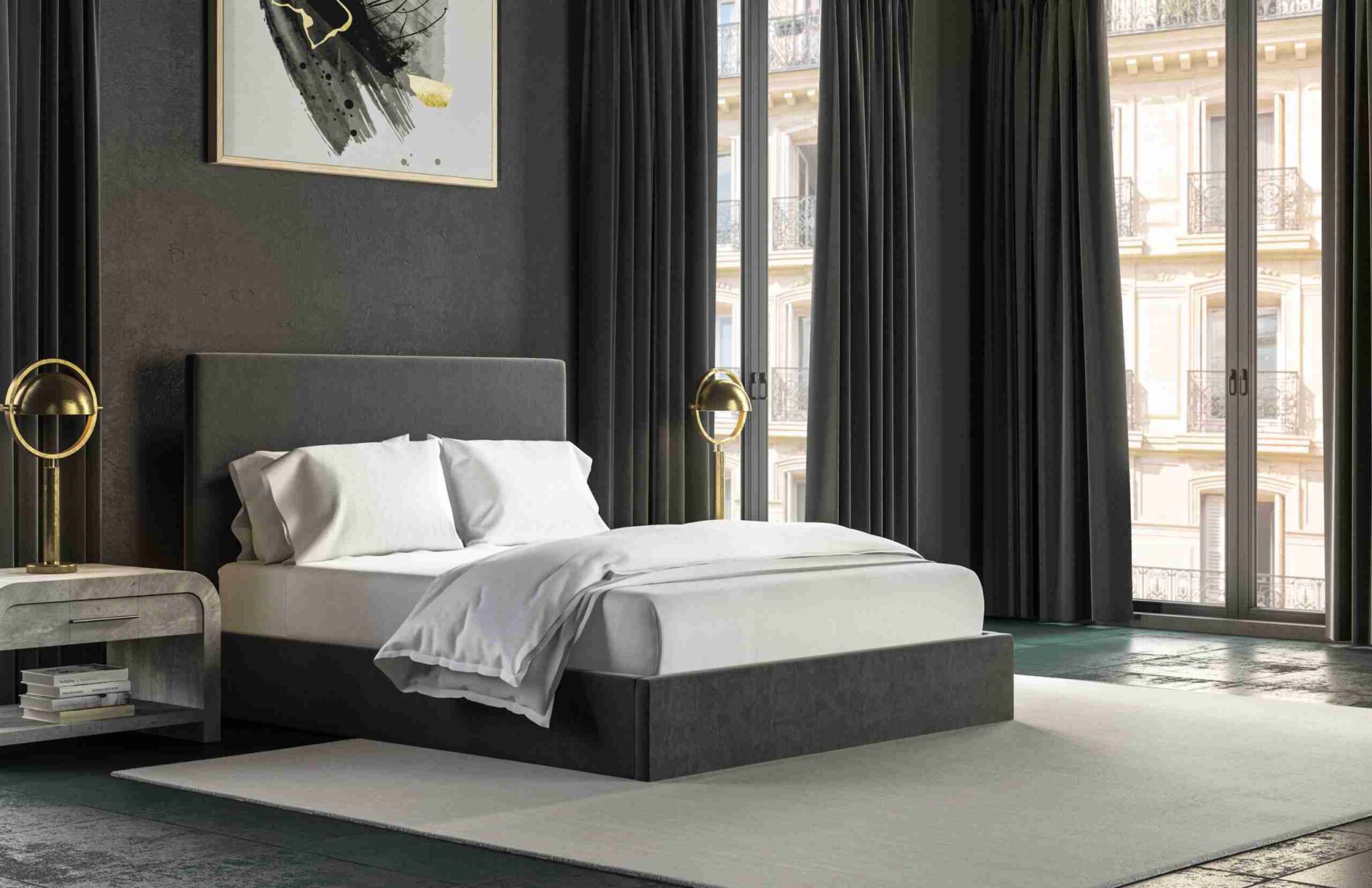 Modern bedroom with a dark upholstered bed, white bedding, bedside tables with lamps, large windows with dark curtains, and abstract art on the wall.