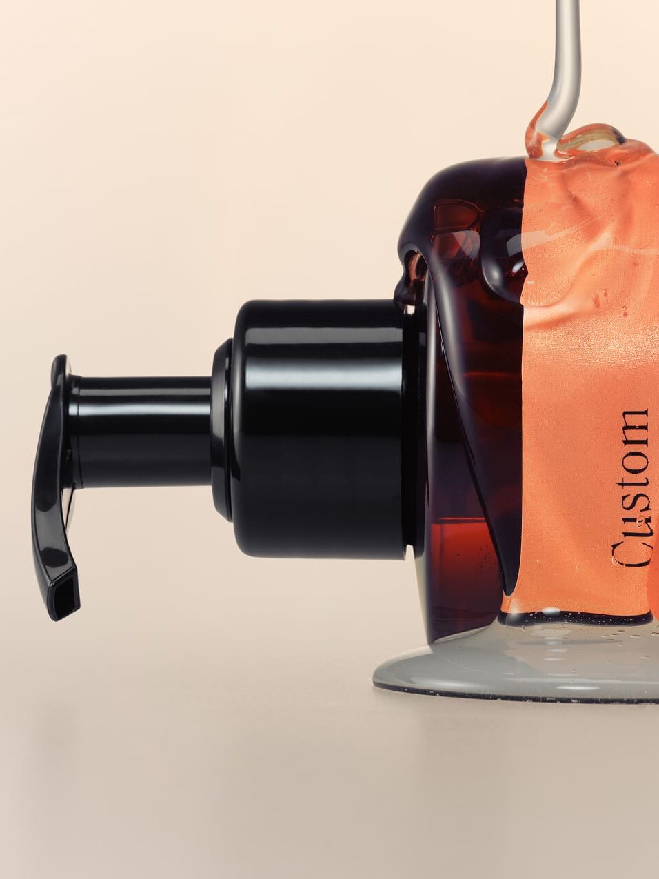 A pump bottle labeled "Custom Shampoo" lies on its side with liquid shampoo spilling out and pooling beneath the dispenser.