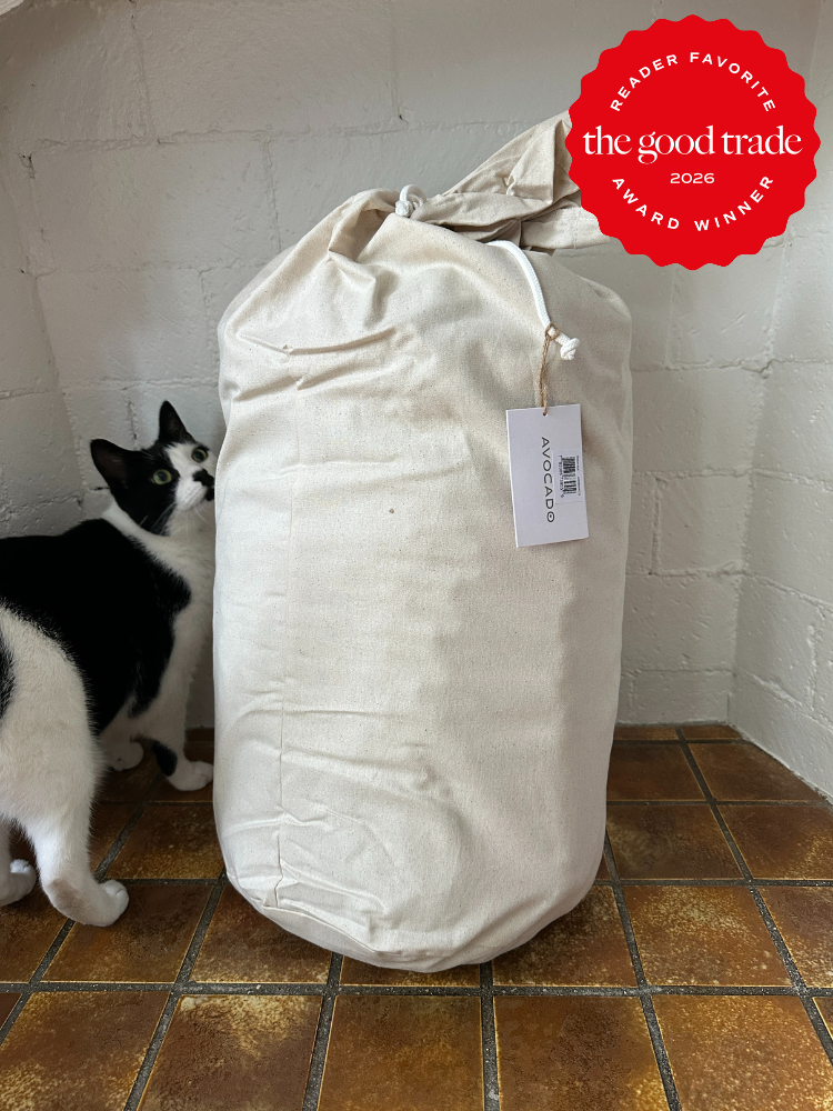 A large beige bag with a white tag labeled "Avocado" sits on a tiled floor next to a black and white cat. A red “Reader Favorite” award badge from The Good Trade is displayed.