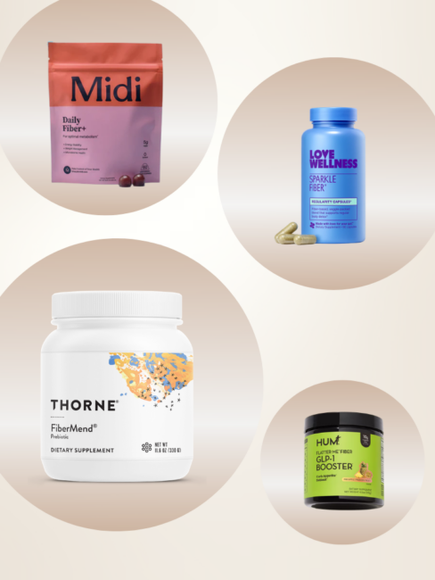 Four different fiber supplements for women in various packaging, displayed on a cream background with circular accents.