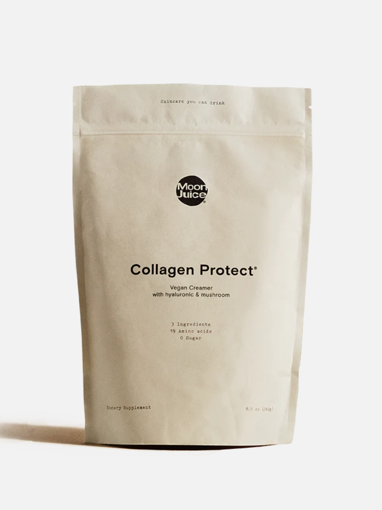 A beige pouch labeled “Moon Juice Collagen Protect Vegan Creamer” with hyaluronic and mushroom, listing 3 ingredients, 39 amino acids, and 0g sugar.