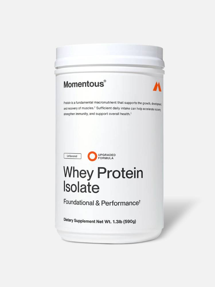 A white container of Momentous Whey Protein Isolate, unflavored, 1.3 lb (590g), labeled as a dietary supplement for foundational and performance support.