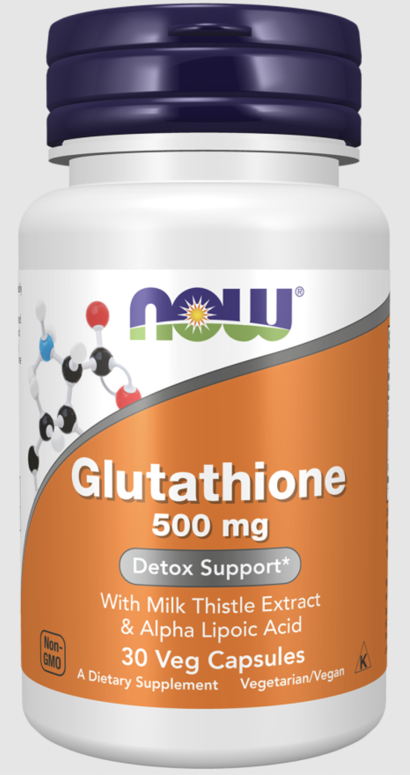 A bottle of NOW Glutathione 500 mg capsules with milk thistle extract and alpha lipoic acid, labeled for detox support, containing 30 vegetarian/vegan capsules.