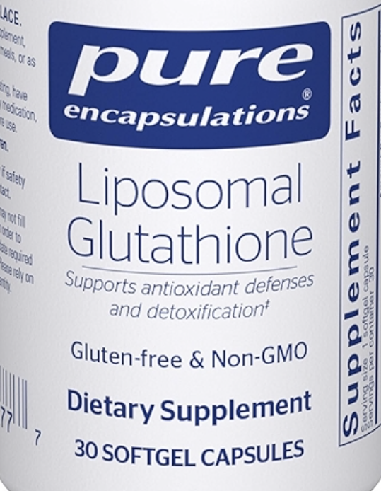 A white bottle labeled "Pure Encapsulations Liposomal Glutathione," containing 30 softgel capsules, gluten-free and non-GMO dietary supplement.