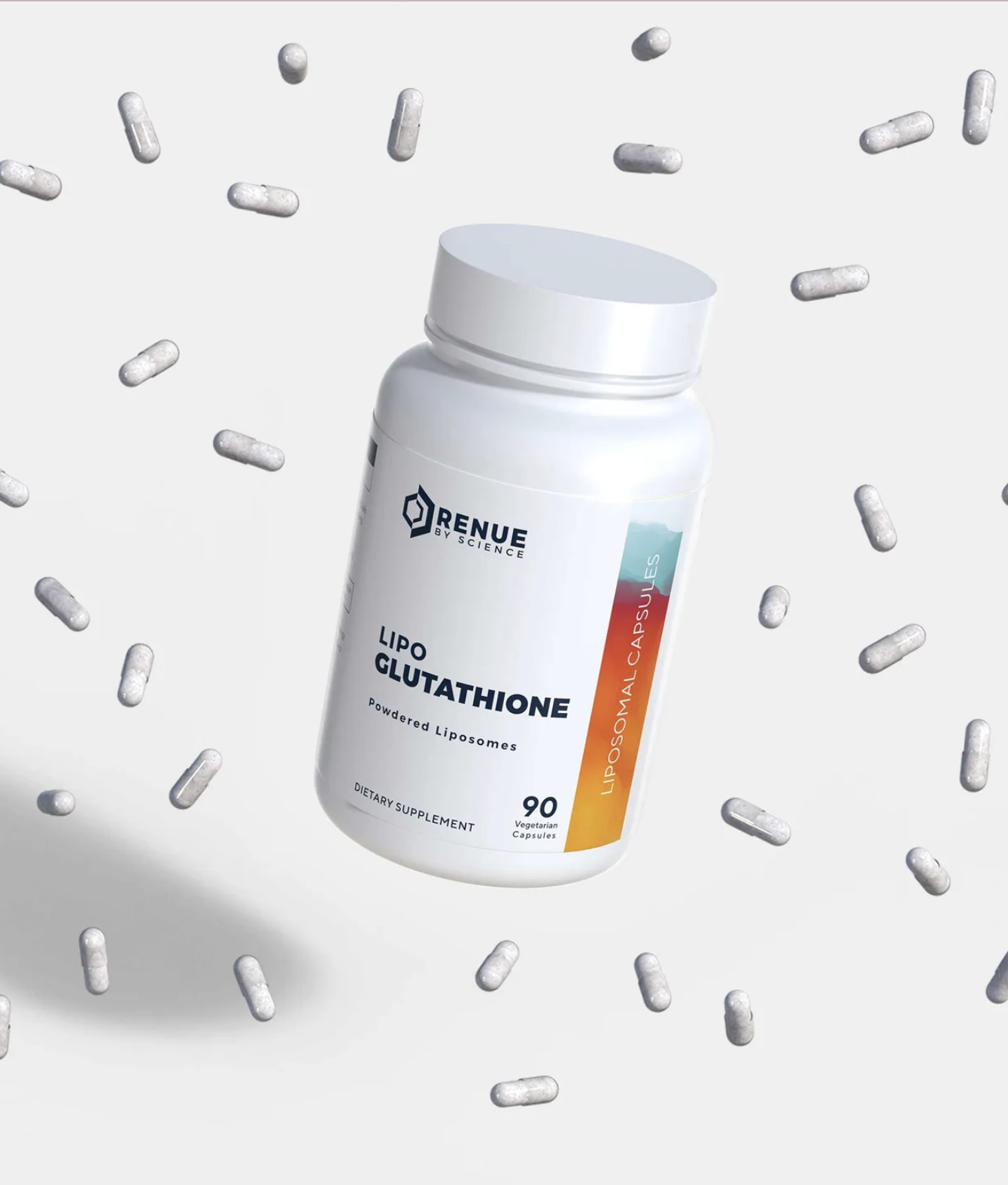 A white bottle labeled "Lipo Glutathione" by Renue By Science is surrounded by multiple white capsules on a plain background.