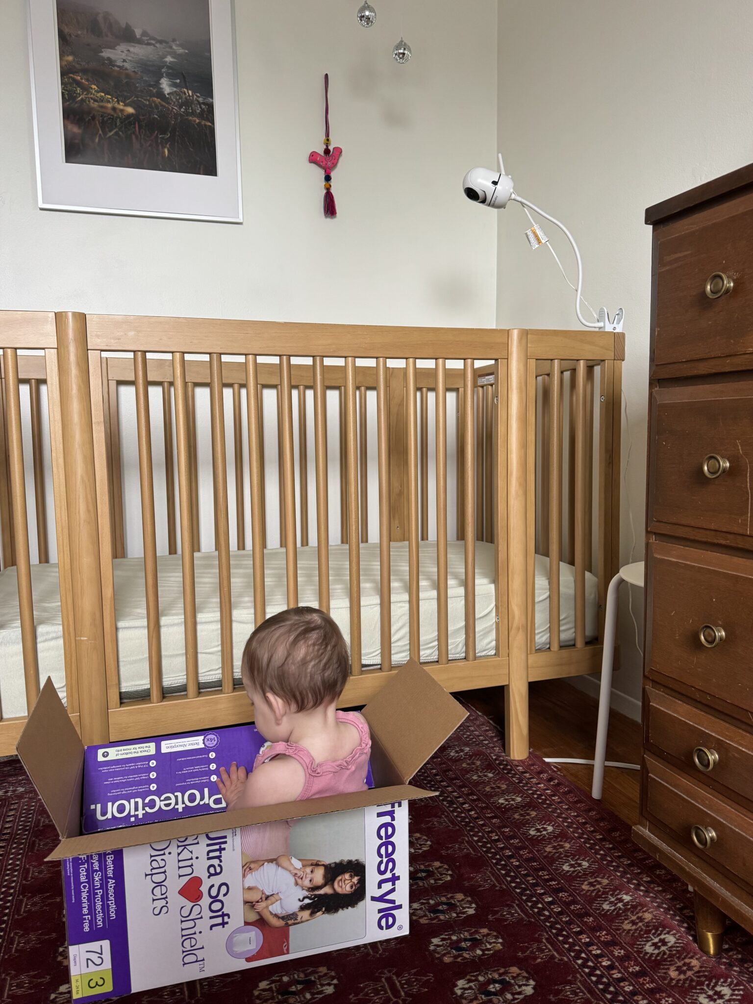 A baby sits in an empty diaper box on a red patterned rug in front of a crib, next to a wooden dresser in a nursery.