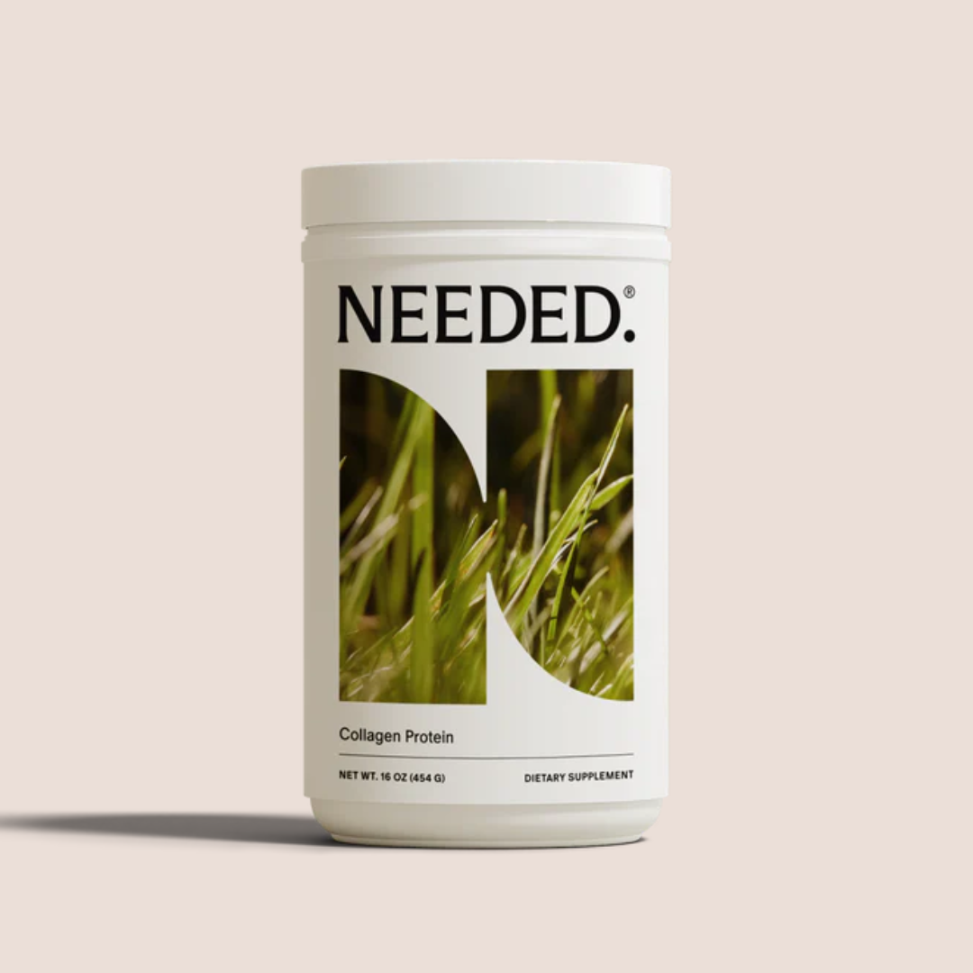 A white container labeled "NEEDED. Collagen Protein" with images of green grass on the front, set against a light beige background.