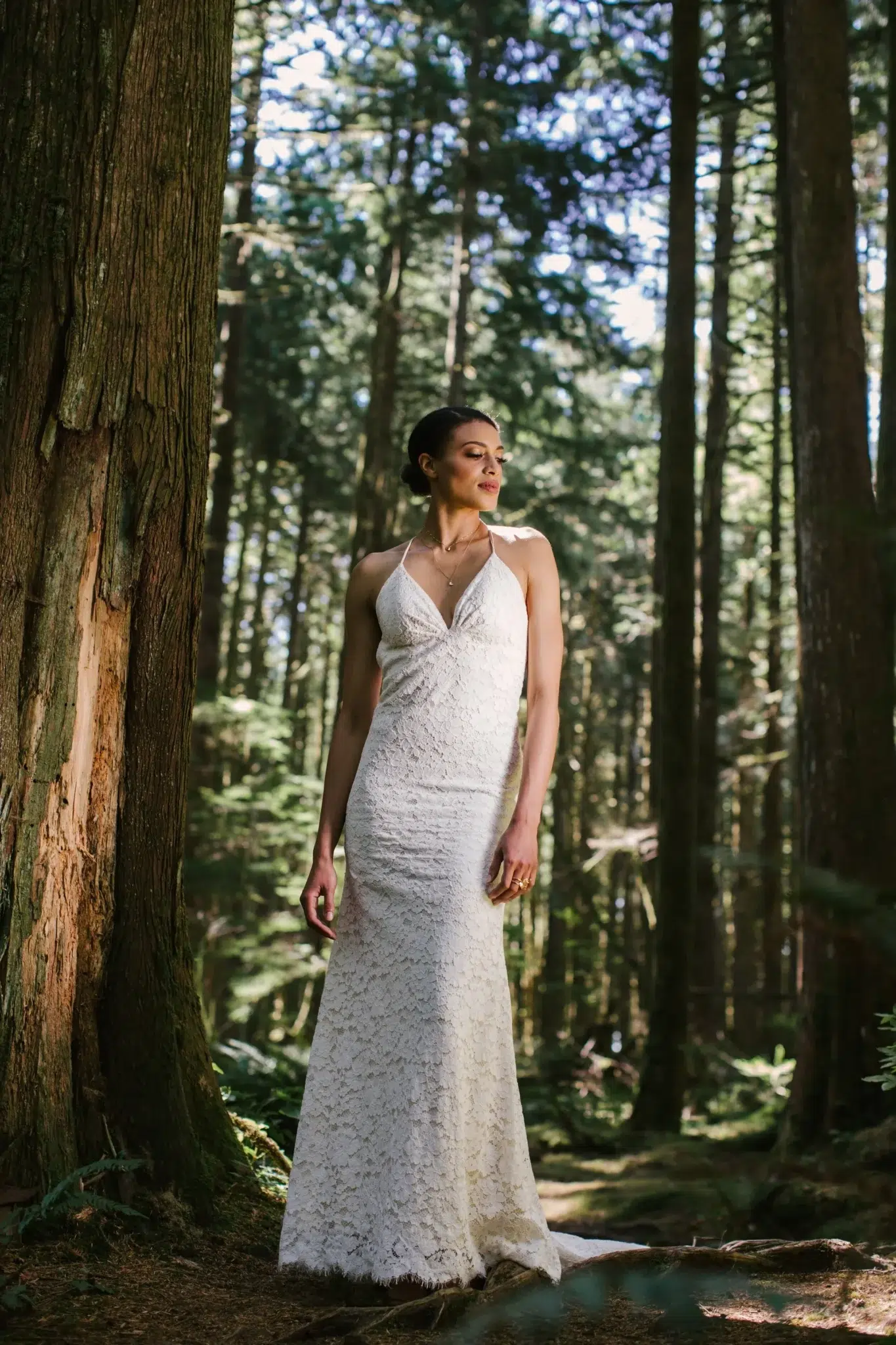 A woman in a white lace dress stands in a sunlit forest, surrounded by tall trees.