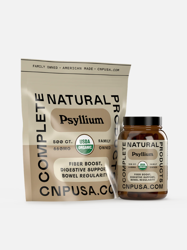 A bag and a jar of USDA Organic Psyllium fiber supplement from CNPUUSA.COM, designed for digestive support and bowel regularity—ideal fiber supplements for women seeking natural wellness.
