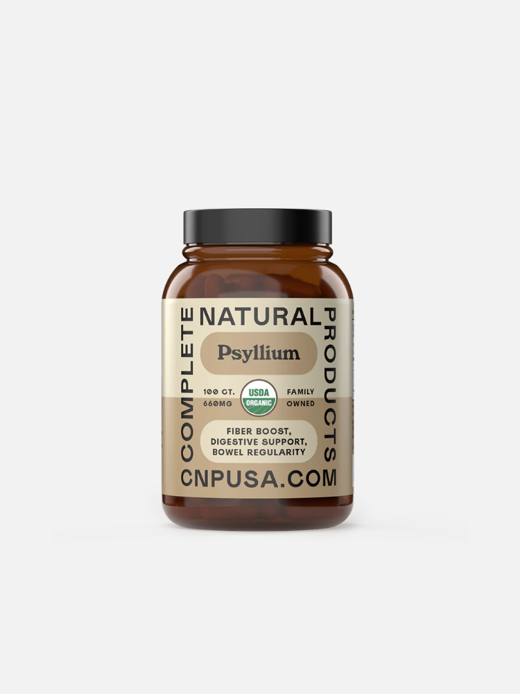 A brown bottle labeled "Complete Natural Products Psyllium" with USDA Organic seal, promoting fiber boost, digestive support, and bowel regularity—ideal fiber supplements for women. Website: CNPUSA.COM.