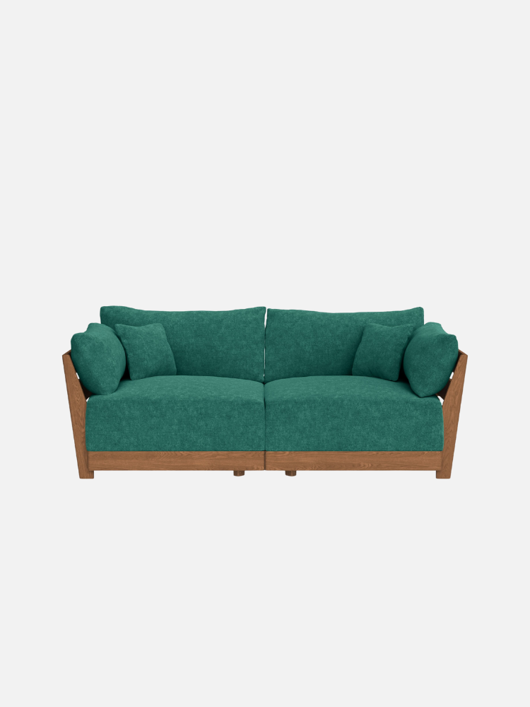 A teal upholstered sofa with four matching cushions and a wooden frame, viewed from the front against a plain white background.