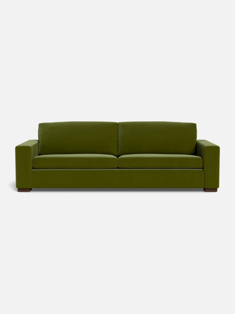 A modern, olive green sofa with square armrests and two seat cushions, set against a plain white background.