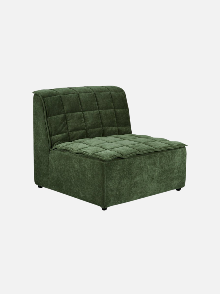 A green, armless, tufted velvet lounge chair with a low back and square seat, set against a plain white background.