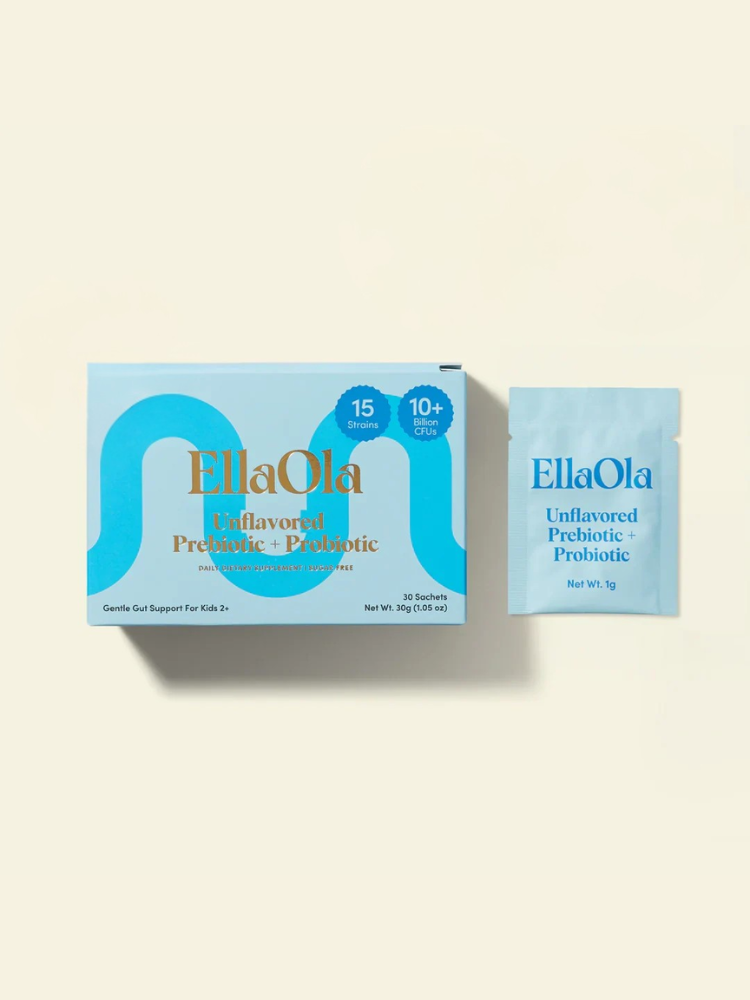 A box and a sachet of EllaOla Unflavored Prebiotic + Probiotic supplement for kids are displayed against a light background.