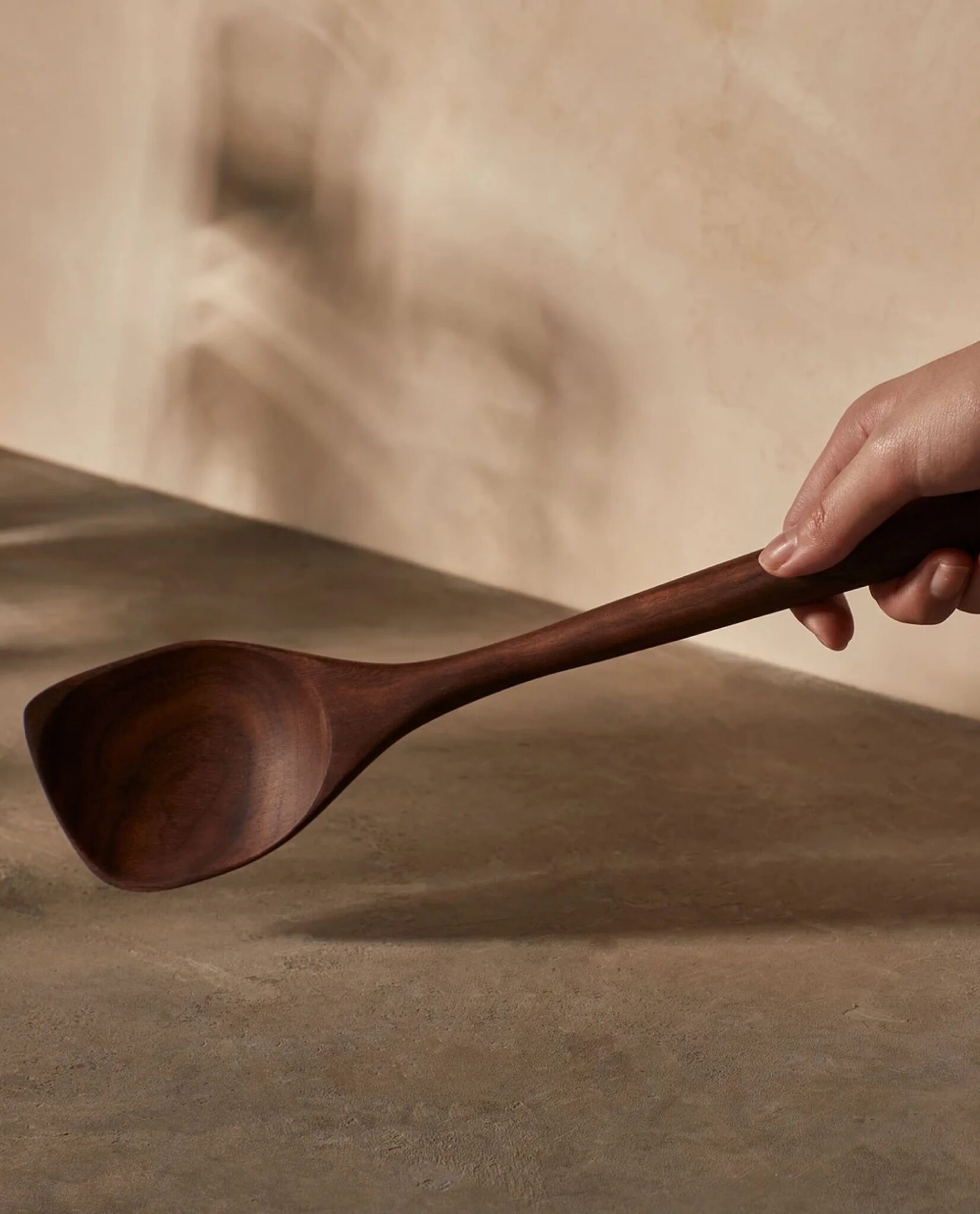 A hand holding a dark wooden spoon over a textured brown surface with a neutral-colored background.