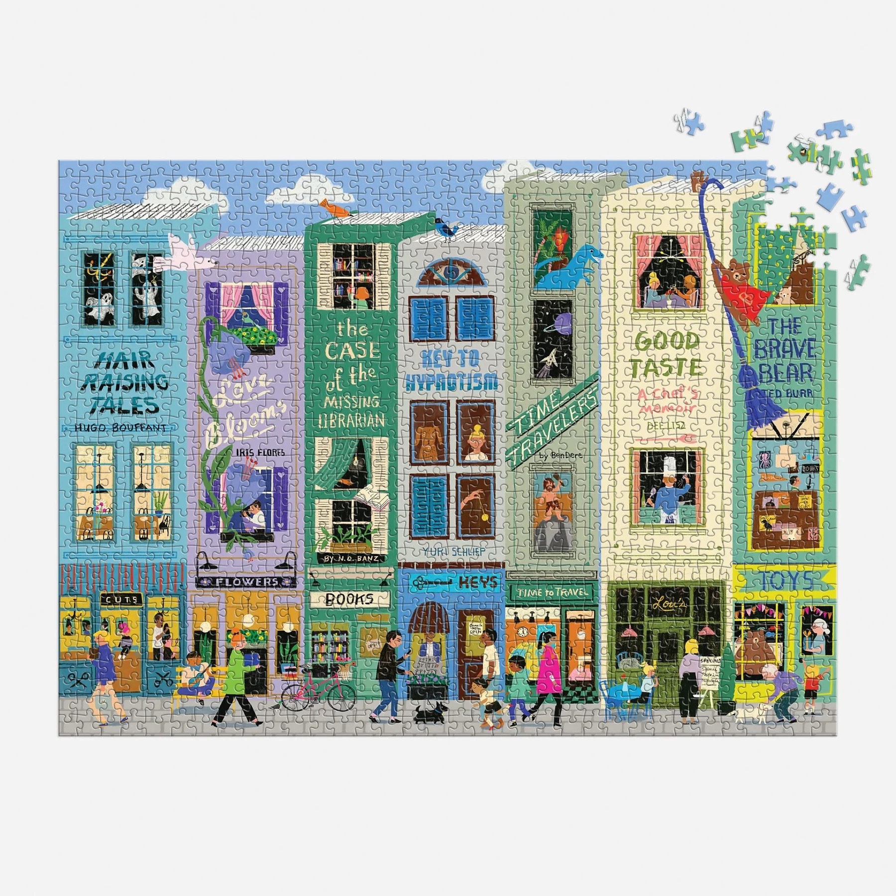 Colorful jigsaw puzzle showing a lively street with whimsical shopfronts, people walking, and a few puzzle pieces missing from the top right corner.