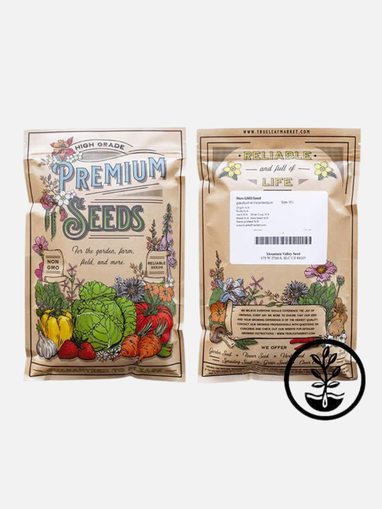 Two brown packets labeled "Premium Seeds" with colorful illustrations of vegetables and flowers, featuring product details and a black and white plant logo in the corner.