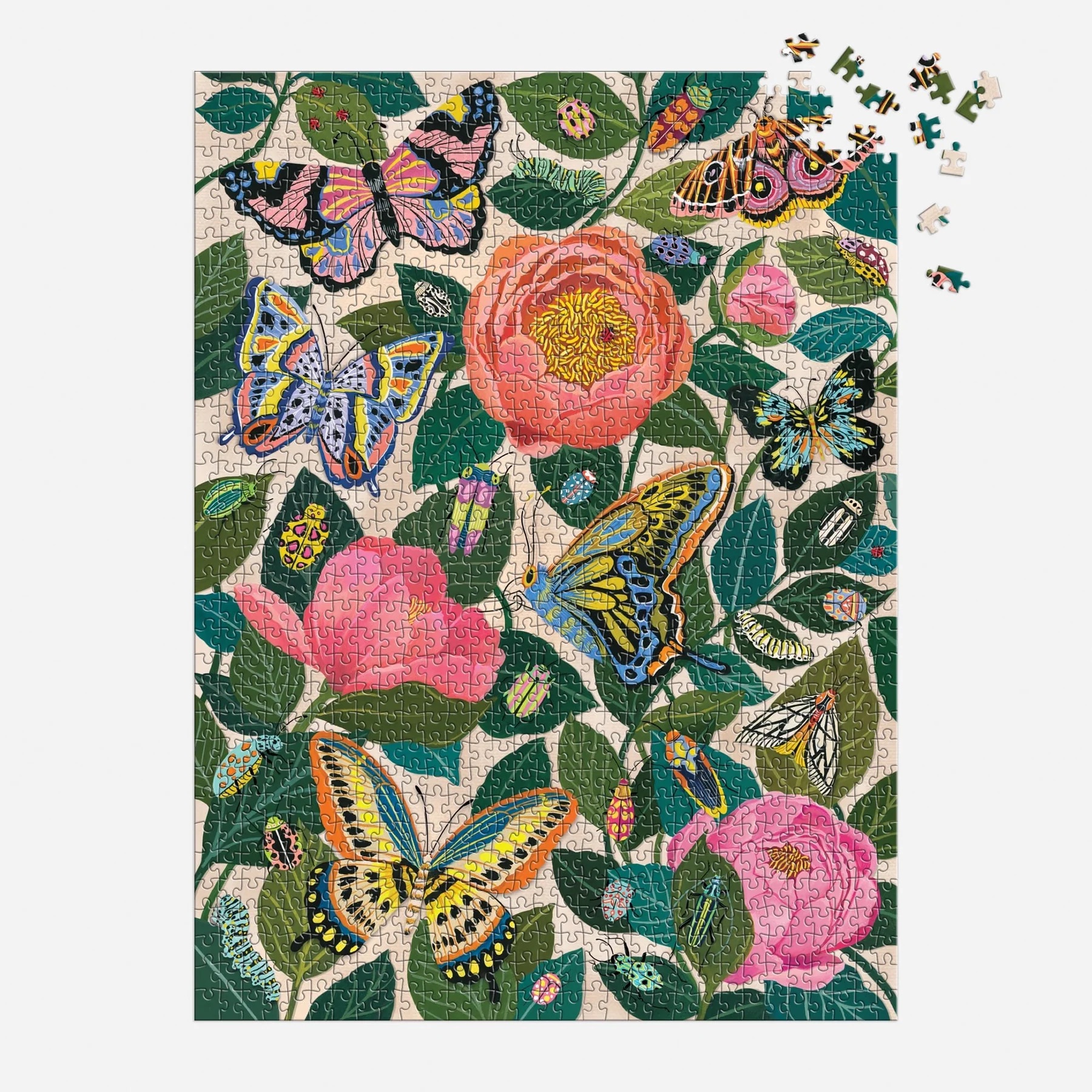 A nearly completed puzzle displays colorful butterflies and pink flowers among green leaves, with a few pieces remaining in the upper right corner.