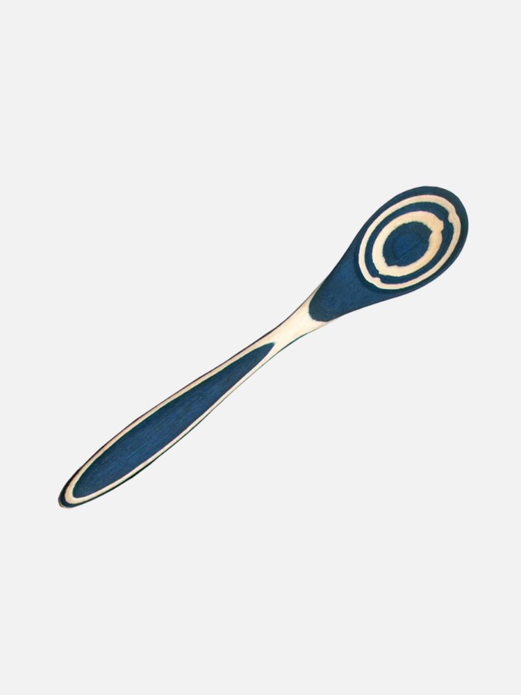 Wooden spoon with blue and natural wood concentric ring patterns on the bowl and handle, set against a plain white background.