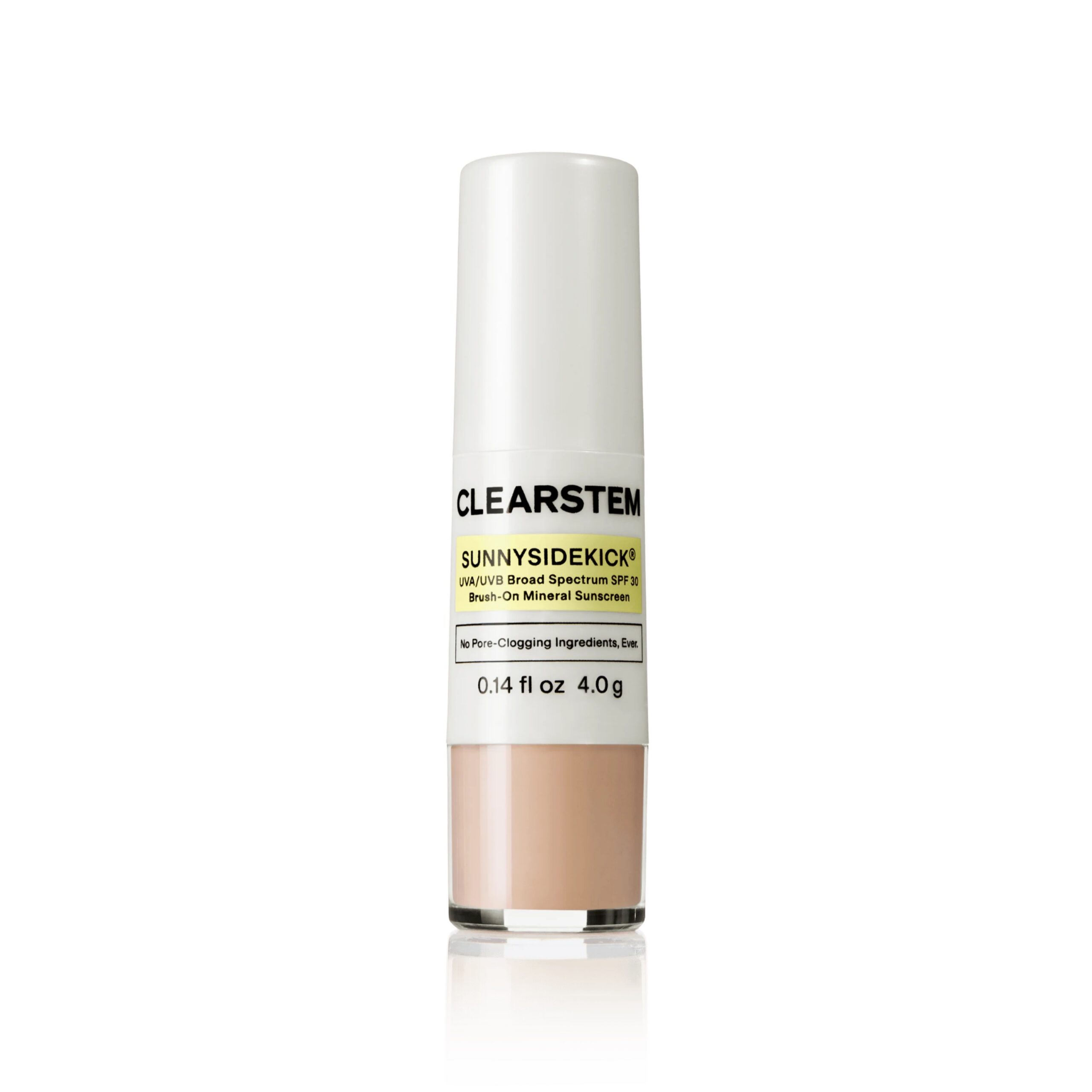 A white and beige tube of CLEARSTEM SUNNYSIDEICK mineral sunscreen with SPF 50, labeled as non-clogging and containing 0.14 fl oz (4 g).
