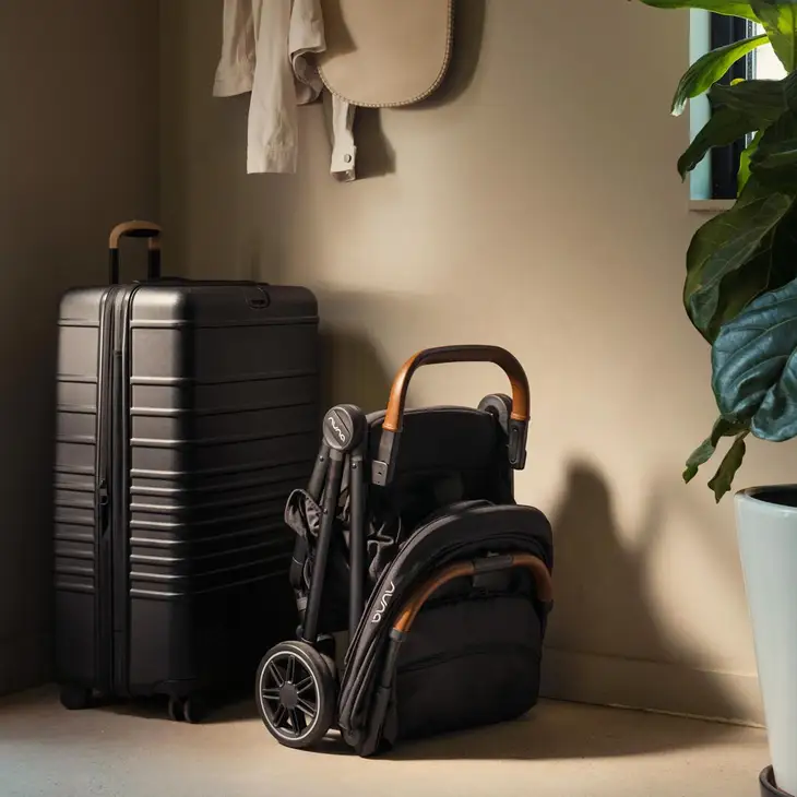 A black suitcase stands beside a folded compact stroller with brown handles in a corner next to a large green potted plant.