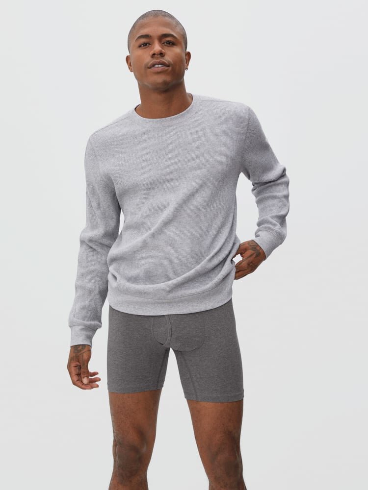 A man stands against a plain background wearing a light gray long-sleeve sweater and dark gray boxer briefs.