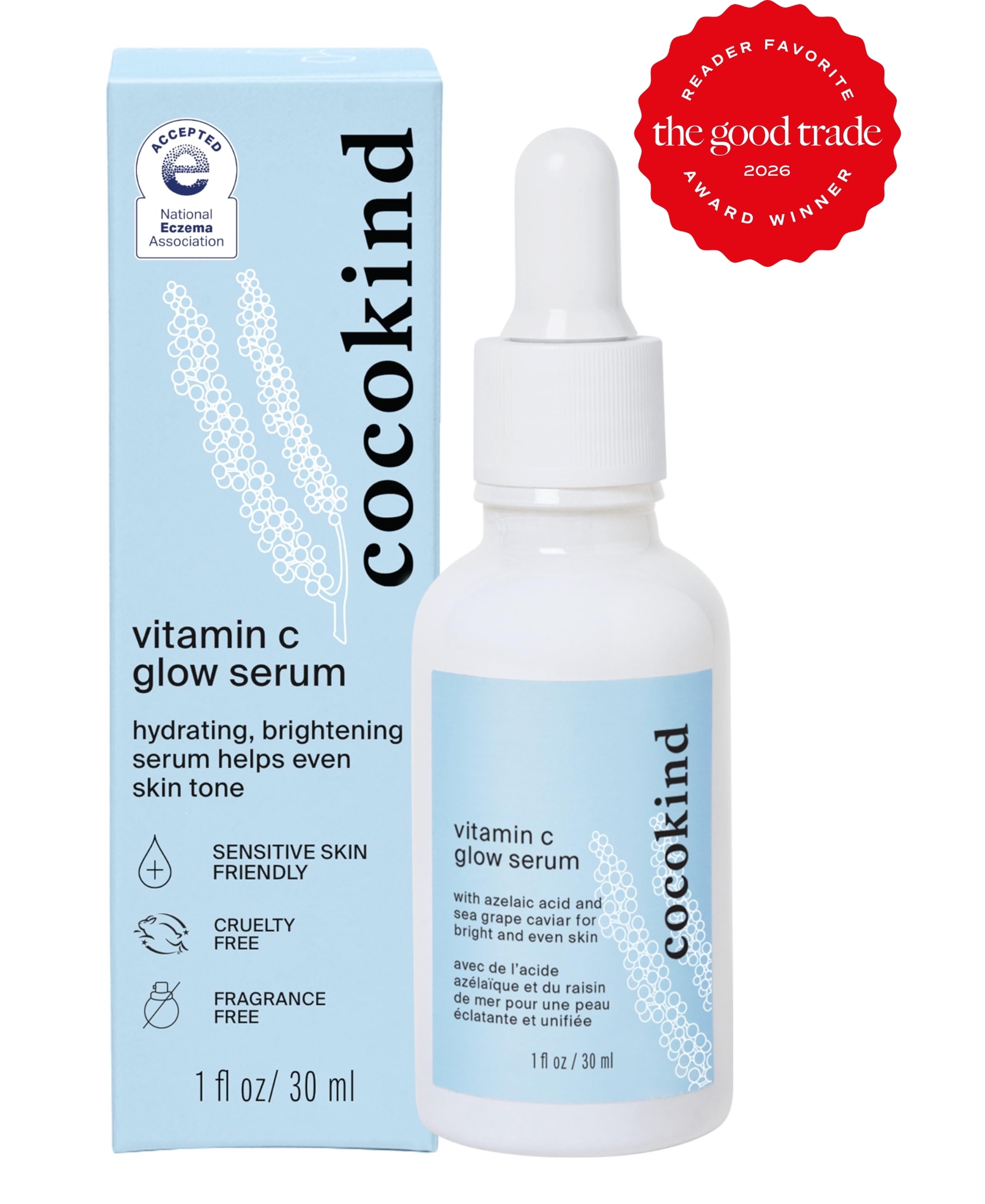 A bottle and box of Cocokind vitamin C glow serum, labeled as hydrating, brightening, and suitable for sensitive skin; features a dropper and an award badge.