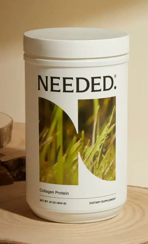 A container labeled "NEEDED. Collagen Protein" sits on wooden platforms next to text listing health benefits the product claims to support.