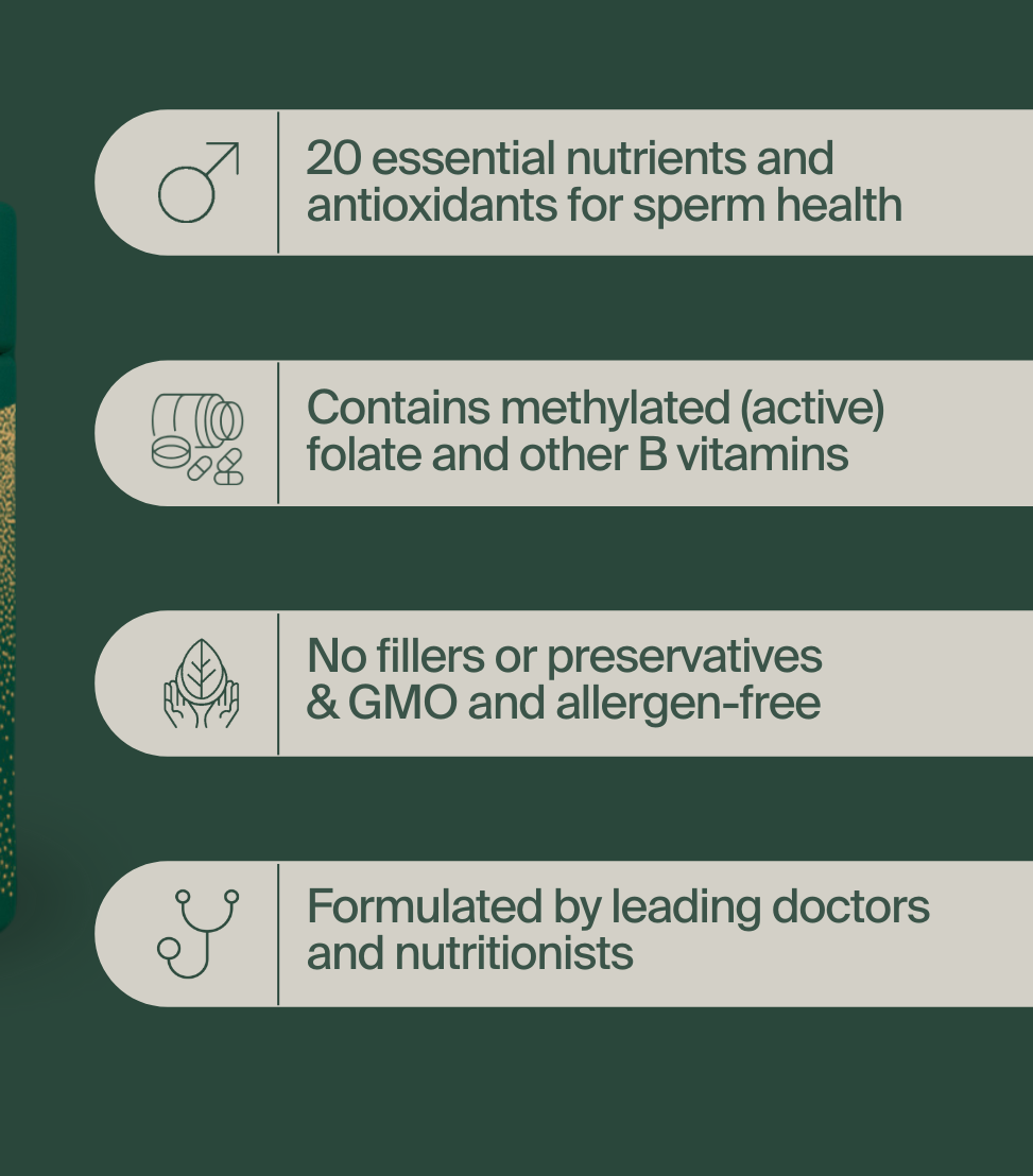 A green container labeled "WeNatal For Him" next to four listed features highlighting nutrients, methylated folate, no fillers, and expert formulation.