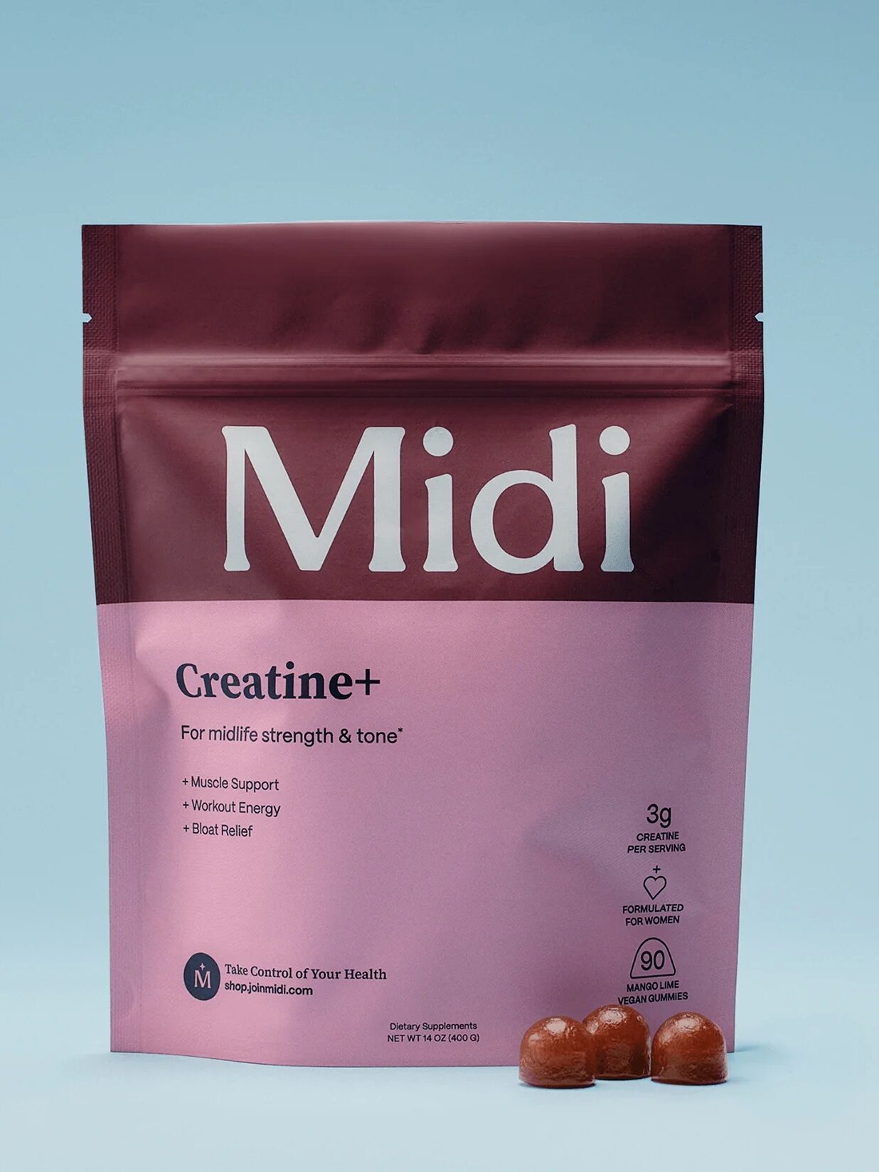 A product pouch labeled "Midi Creatine+" for midlife strength and tone is displayed upright with three chewable supplements in front of it against a light blue background.