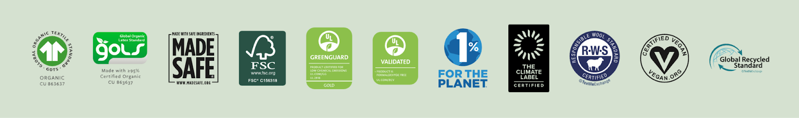 A row of ten sustainability and eco-certification logos, including organic, non-GMO, FSC, cruelty-free, carbon neutral, and recycling standards, displayed on a light green background.