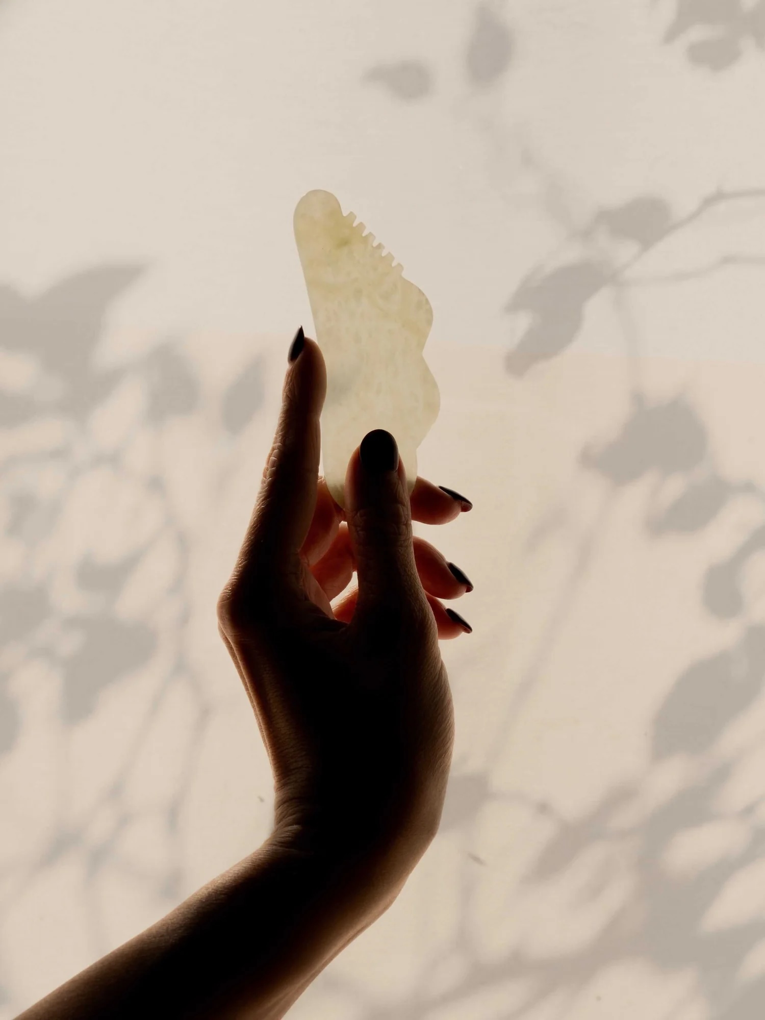 A hand with dark nail polish holds a translucent gua sha tool against a light background with shadows of leaves.