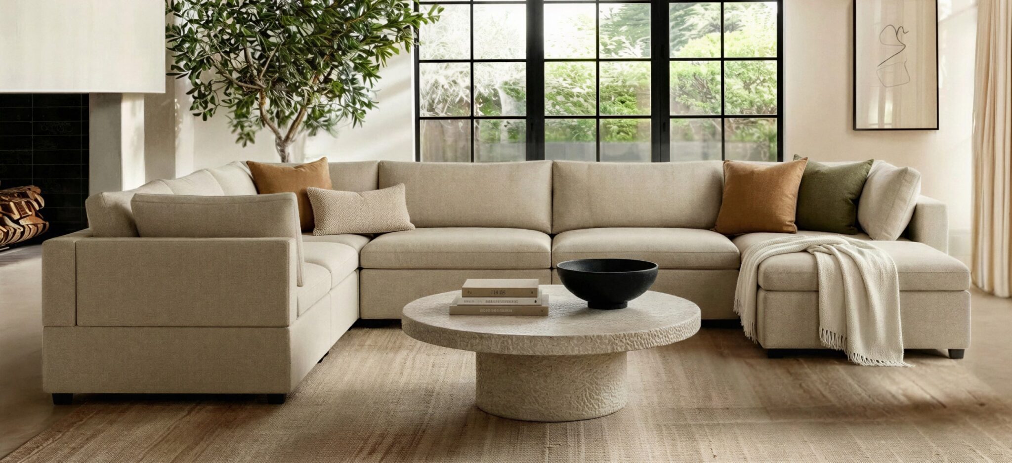 A beige sectional sofa with assorted cushions surrounds a round stone coffee table in a modern living room with large windows, a rug, a potted tree, and wall art.