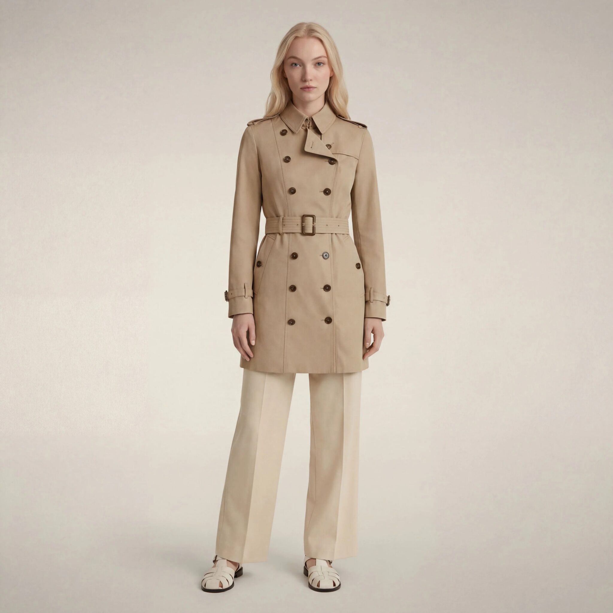 A woman stands facing forward, wearing a beige waterproof raincoat over cream-colored pants and sandals against a plain light background.