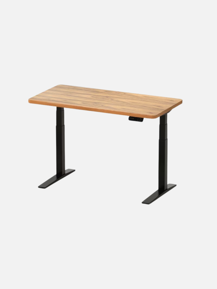 A rectangular wooden sit-stand desk with a light wood tabletop and adjustable black metal legs, set against a plain white background.