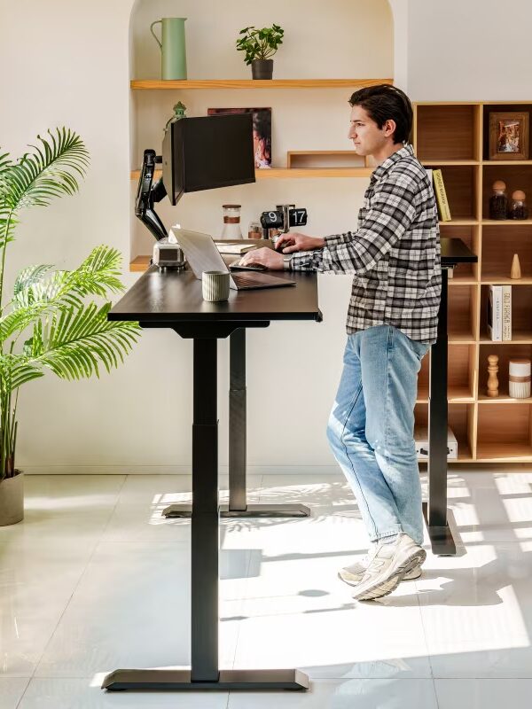 A person works at a standing desk with a laptop and monitor in a bright, modern office with plants and wooden shelves.