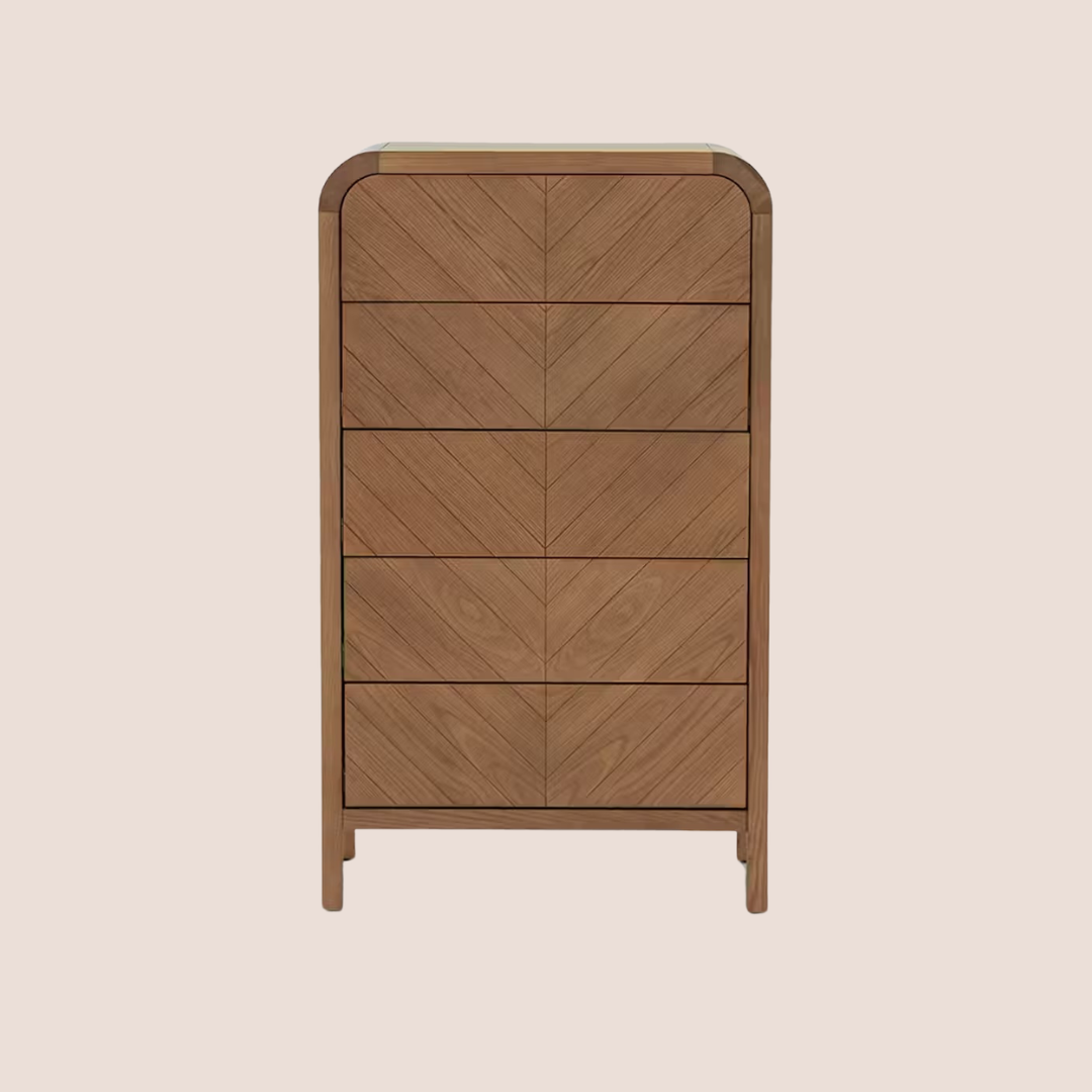 A tall wooden dresser with six drawers, featuring a chevron wood grain pattern and rounded top corners, standing on four legs.
