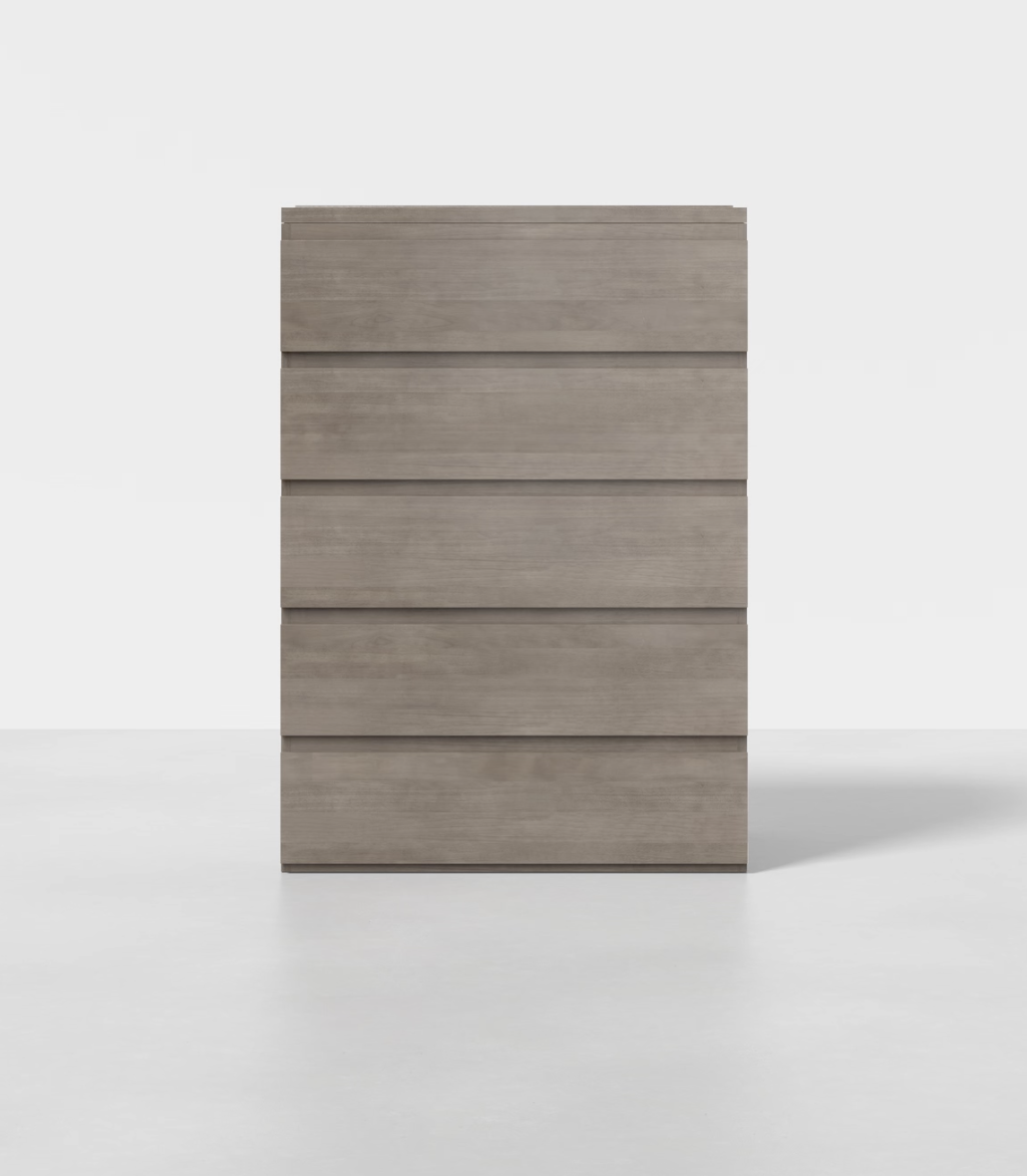 A tall, modern wooden chest of drawers with five horizontal drawers, finished in a light grey-brown tone, standing on a plain white background.