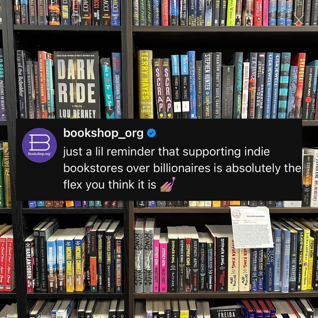 A bookshelf filled with various books; an overlaid message encourages supporting independent bookstores instead of large corporations.