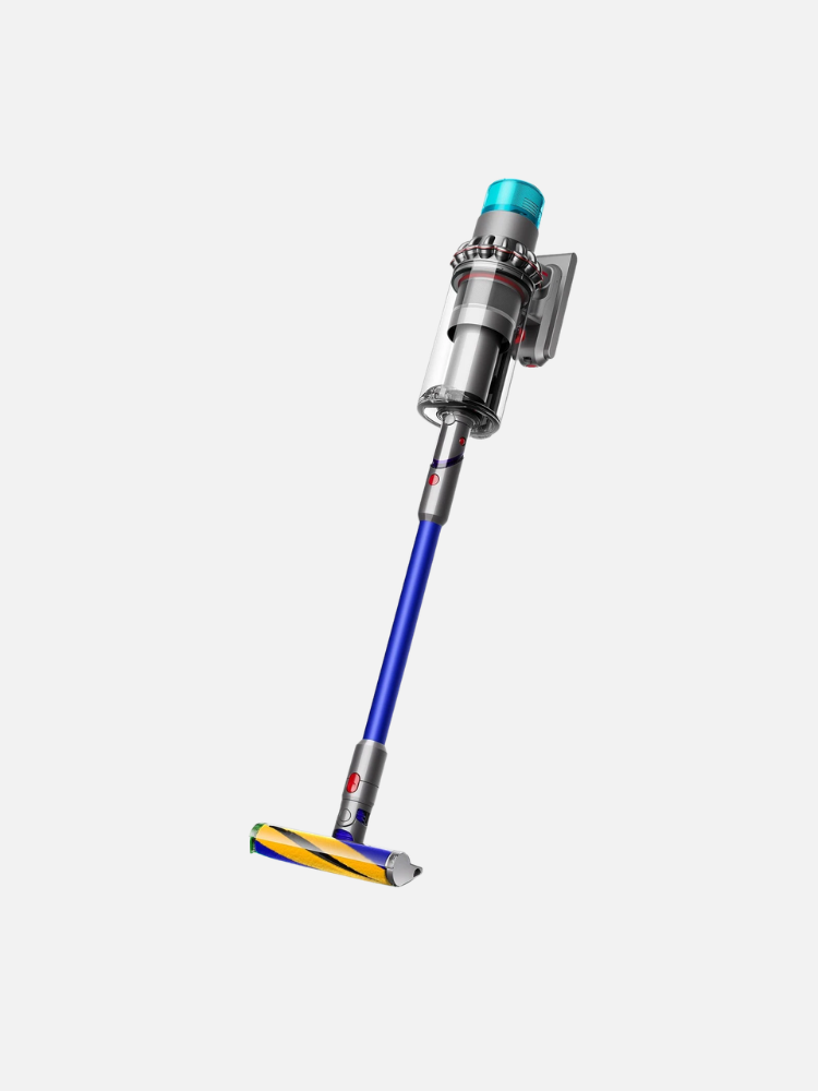 Cordless stick vacuum cleaner with a blue wand, transparent dustbin, and wall-mounted charging dock, displayed against a plain white background.