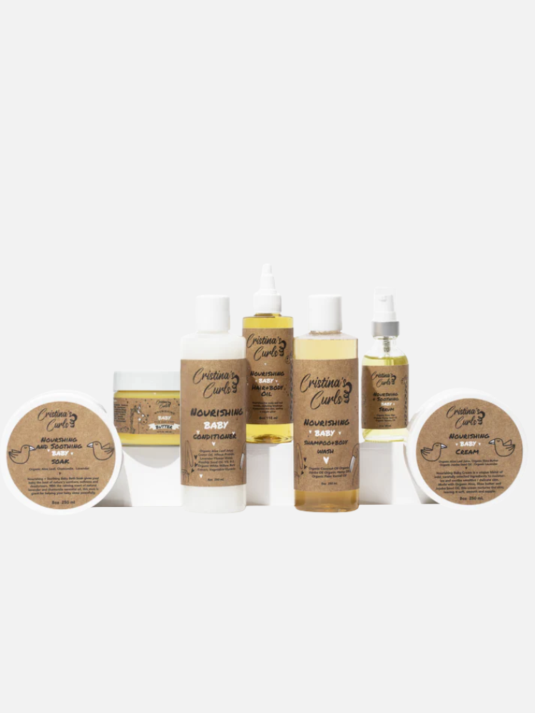 A collection of hair care products in jars and bottles with brown labels, displayed against a plain white background.