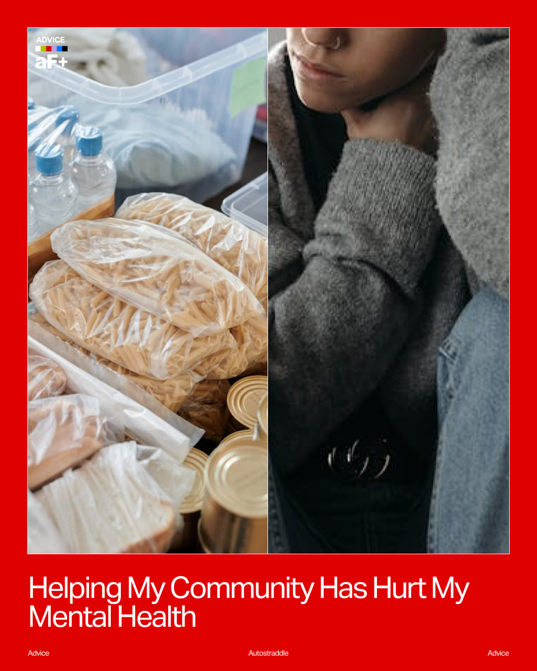 A split image showing packed food donations on the left and a person sitting with their arms crossed, looking down, on the right.