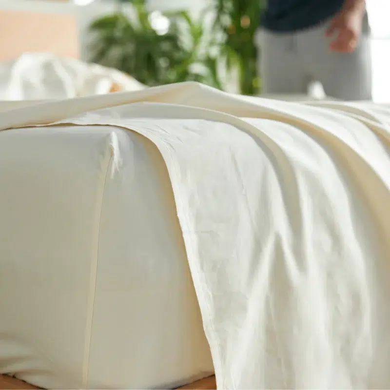 Close-up of a bed with cream-colored sheets and bedding, with a person standing in the blurred background and a green plant visible.