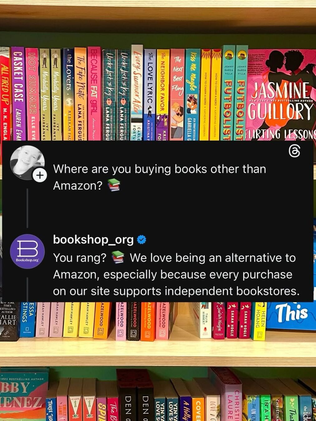 A shelf of colorful books with a social media exchange overlay, discussing online shopping alternatives to Amazon and promoting independent bookstores via Bookshop.org.