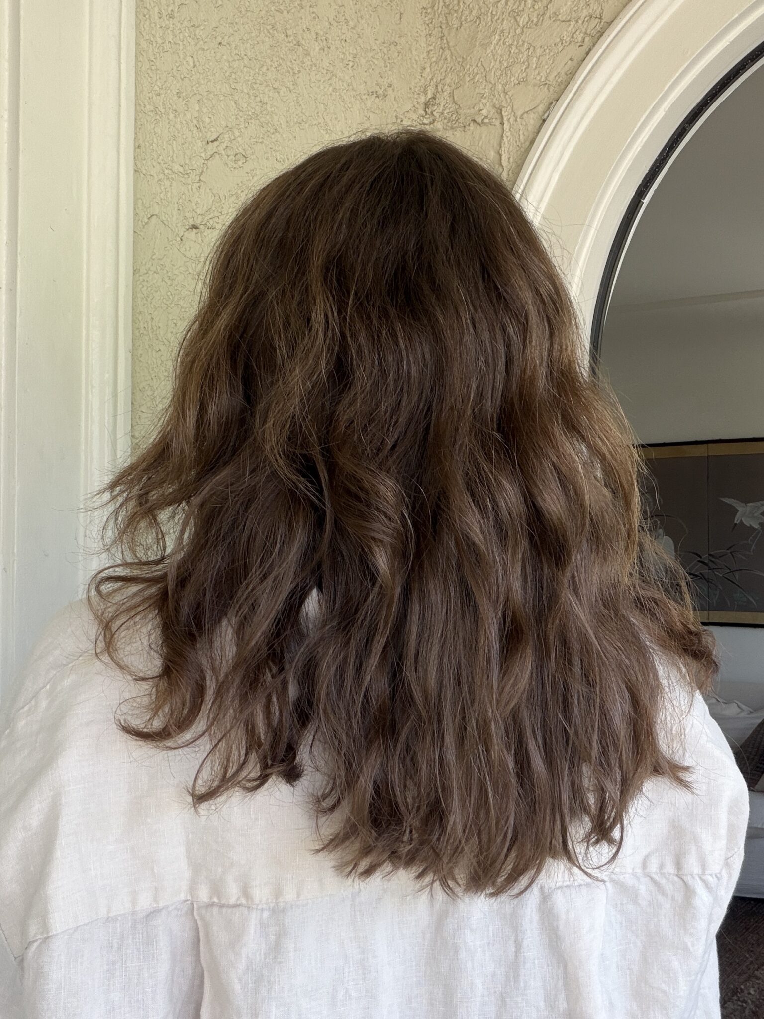 Person with shoulder-length, wavy brown hair seen from the back, wearing a light-colored shirt, standing indoors near a white wall and arched doorway.