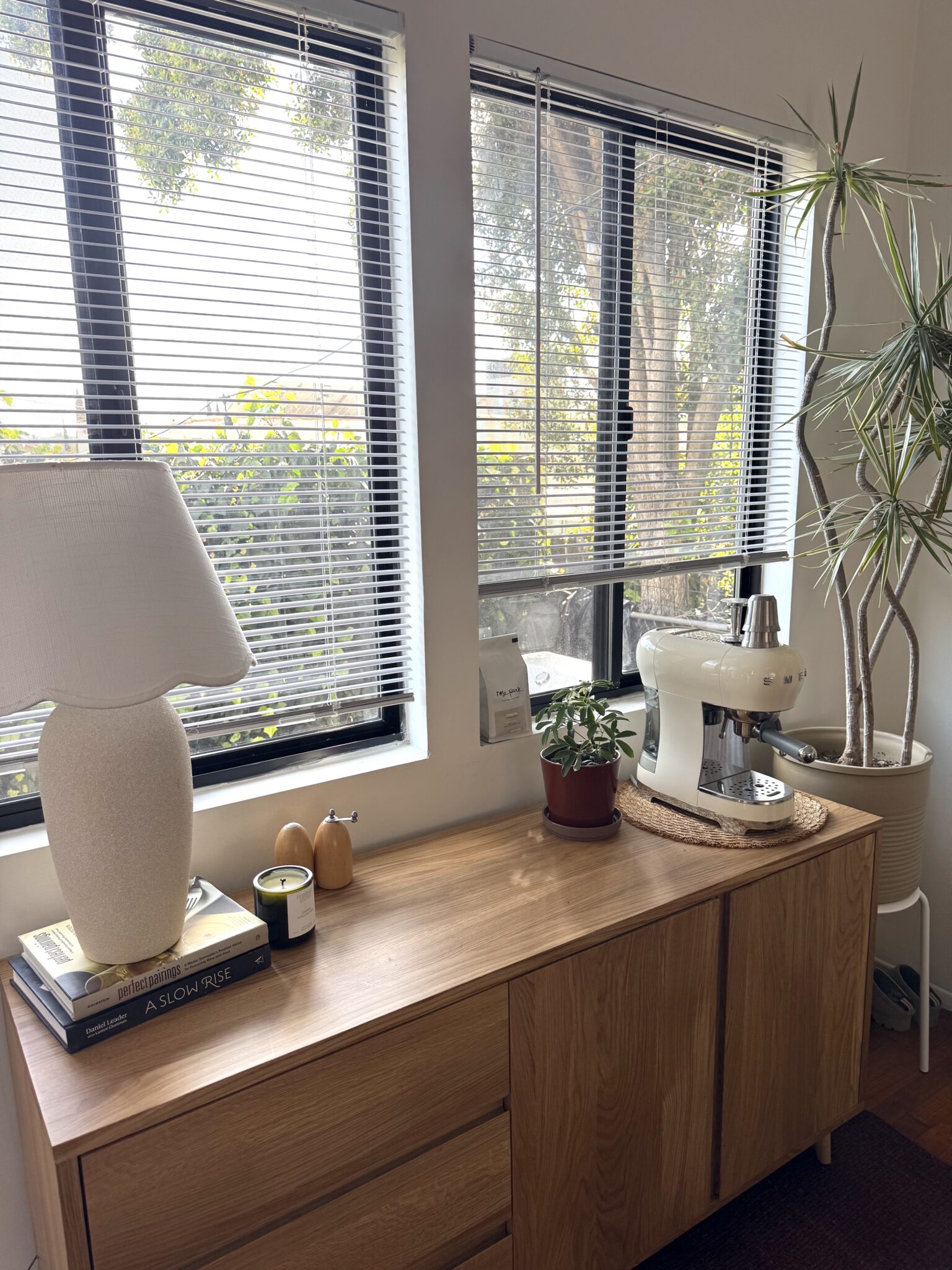A wooden sideboard with a lamp, books, a potted plant, a mixer, and small decor sits by two large windows with blinds. A tall plant is in the corner. Sunlight filters in.