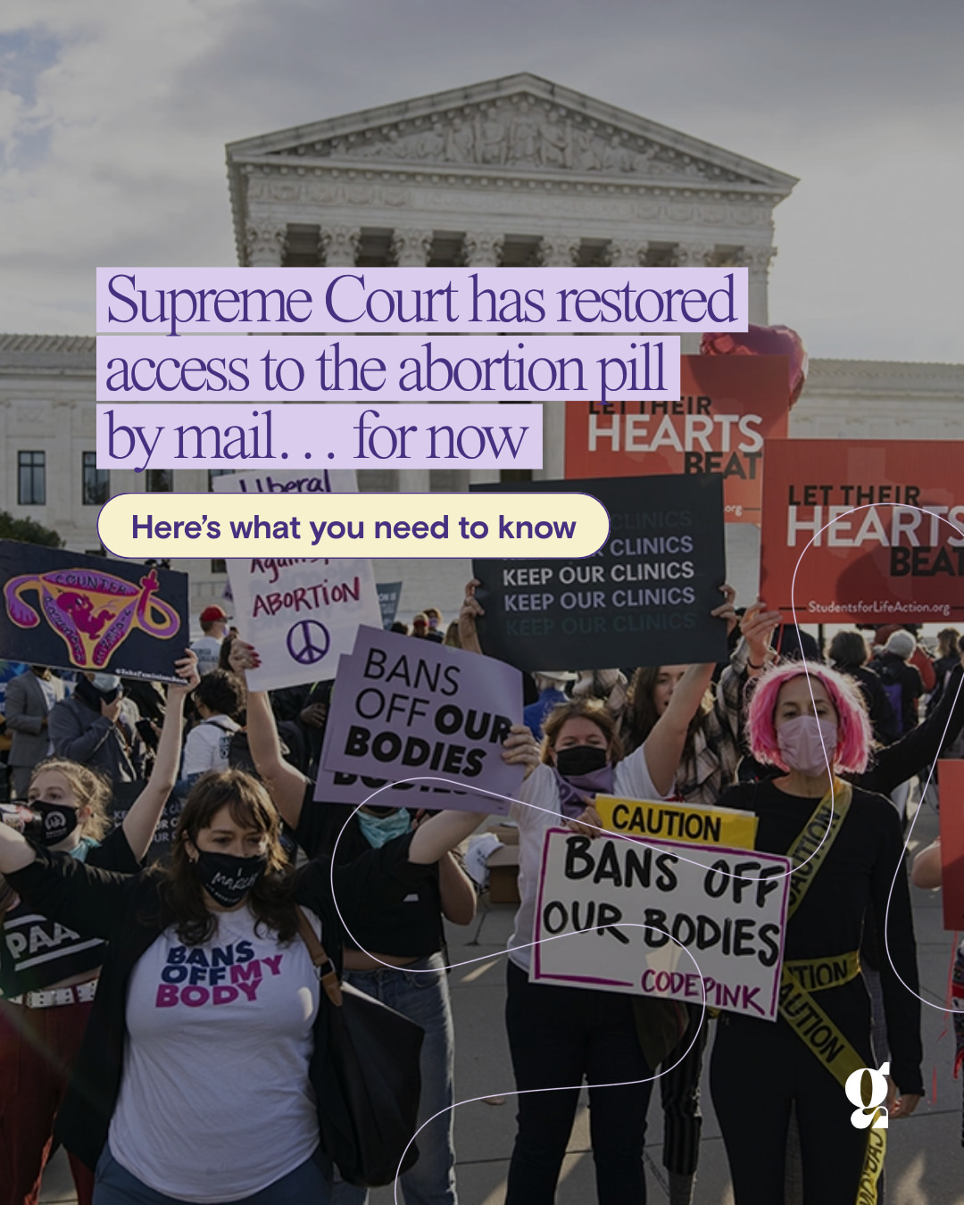 Protesters hold abortion rights and anti-abortion signs outside the Supreme Court, with a headline about restored access to the abortion pill by mail.