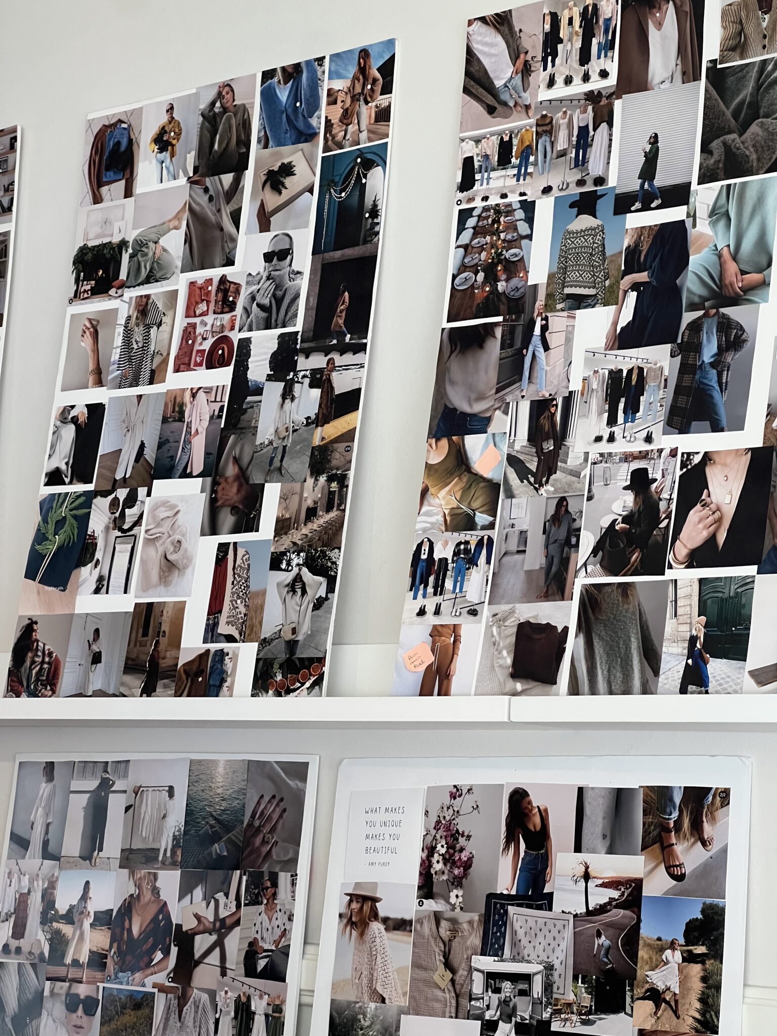 Several collage boards display a variety of fashion and lifestyle photos, including outfits, accessories, and travel scenes, arranged on a white wall.