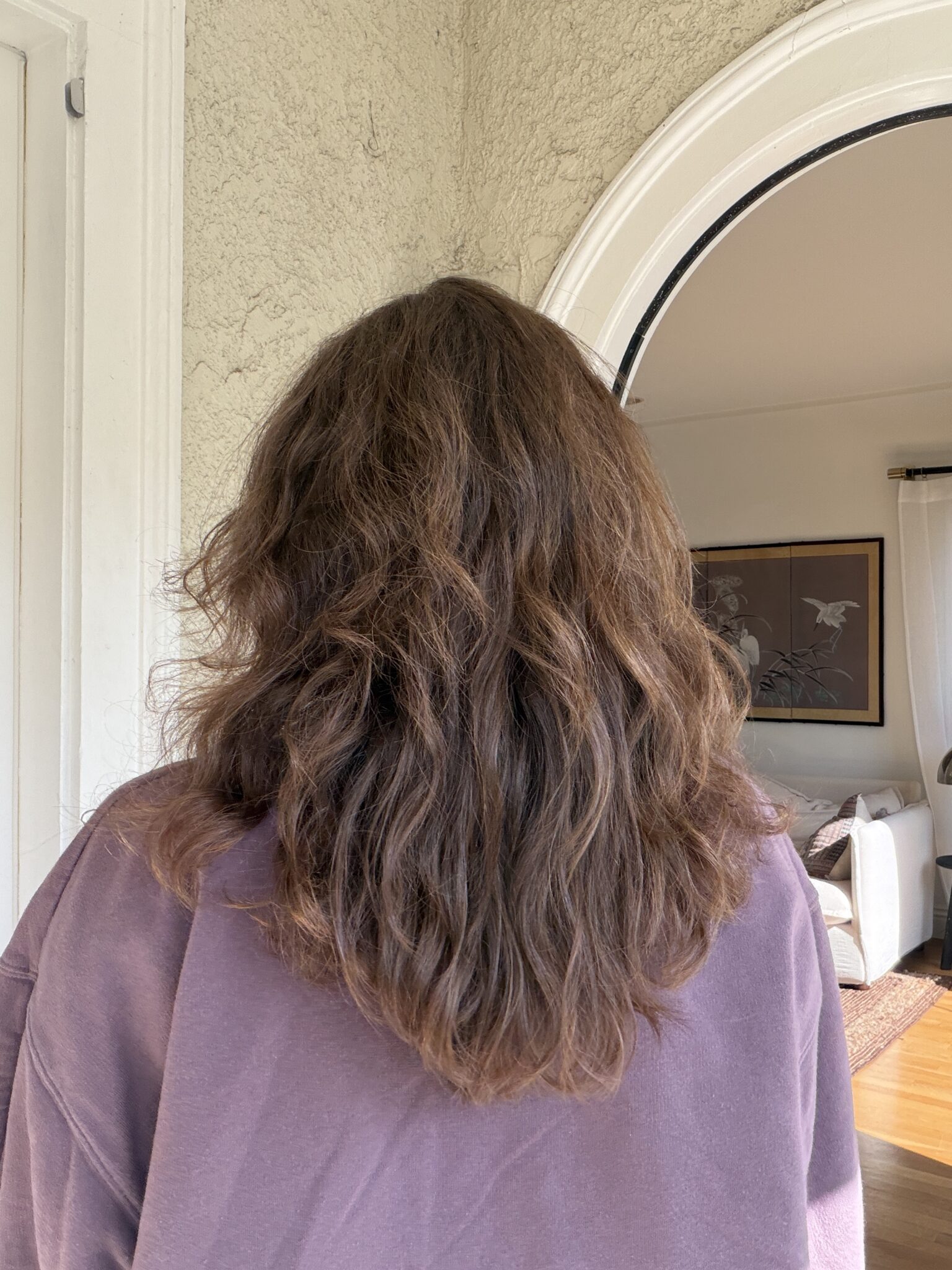 Person with medium-length, wavy brown hair shown from the back, wearing a mauve top, standing indoors near an archway.